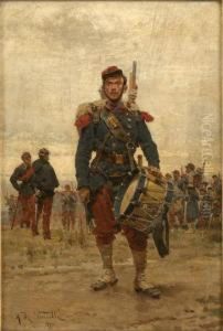 Portrait Of A French Infantry Soldier Holding A Drum by Alphonse Marie de Neuville