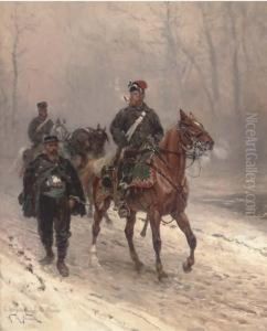 A Prussian Hussar Escorting A French Prisoner On A Wintertrack by Alphonse Marie de Neuville