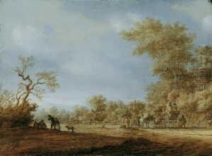 Baumbestandene Landschaft Mit Pferdekutsche Und Reitern. by Pieter de Neyn
