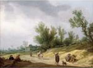 A Landscape With A Rider And People Resting By A Path, A Farmhouse In The Distance by Pieter de Neyn