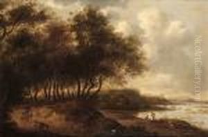 Wooded River Landscape With A Shepherd, Sheep And A Goat On A Track by Pieter de Neyn