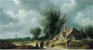 A Landscape With A Horseman And Figures Conversing Before A Farmhouse by Pieter de Neyn