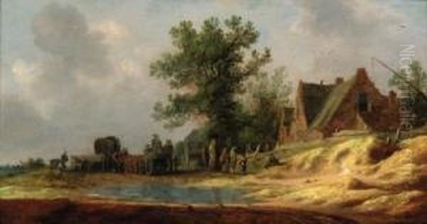 Travellers On A Flooded Path In A Landscape, An Inn Beyond - view 1