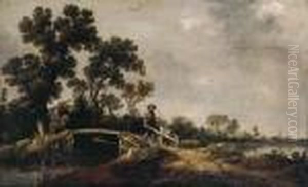 A Horseman And A Peasant With A Wheel-barrow On A Bridge In A Riverlandscape - view 1
