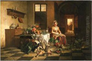 A Maid Seated In A Kitchen By A
Table With Flowers, With Vegetablesand Dead Fowl In The Foreground A Maid Seated In A Kitchen By A
Table With Flowers, With Vegetablesand Dead Fowl In The Foreground