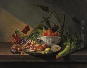 A Still Life With Fruit And Vegetables On A Table by David Emil Joseph de Noter