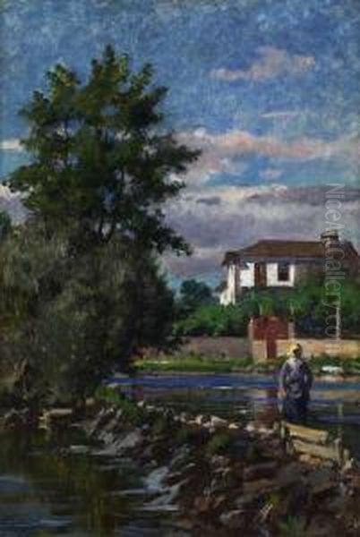 Paisagem Com Casa Rio E Figura , 'rio Ave' - view 1