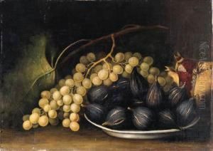 A Bunch Of White Grapes With Figs In A Shallow Bowl And An Open Pomegranate On A Ledge
