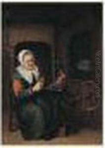 Une Fileuse Dans Un Interieur Hollandais by Abraham de Pape