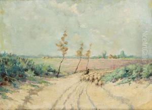 Shepherd With Sheep On The Meadow by Jef De Pauw