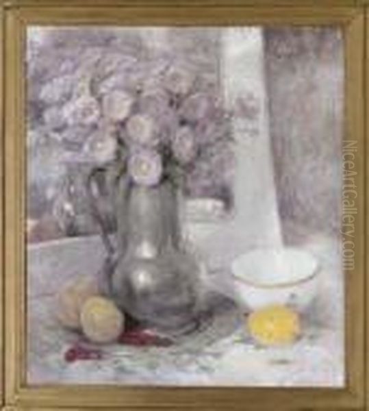 Daisies In A Pewter Jug With A Lemon, Peaches And Red Berries On A Table - view 1