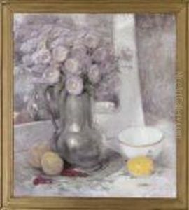 Daisies In A Pewter Jug With A Lemon, Peaches And Red Berries On A Table by Rene De Pauw