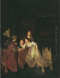 An Interior With A Maid Showing 
Pearls To Ladies, Another Maid Beyond And A Bed In The Background