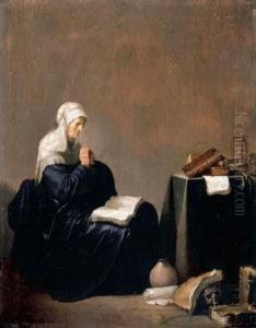 Interior With A Woman Praying At A Table, With Books, An Hour Glass And Other Objects