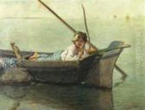 Fisher Boy In A Boy With The Silhouette Of Venice In The Background. by Edmond Jean de Pury