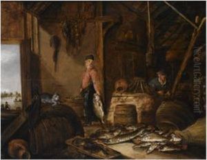 A Fisherman In His Barn With 
Fresh-water Fish, A Woman In The Background, A Cat Playing With A Fish 
On A Barrel In The Foreground