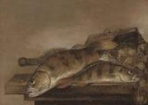 Sea Bream, A Fishing Basket And Nets On A Wooden Table by Pieter de Putter