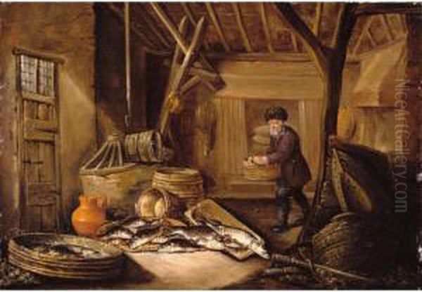 A Fisherman In His Cottage, With His Catch Of Fresh-water Fish - view 1