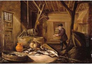 A Fisherman In His Cottage, With His Catch Of Fresh-water Fish by Pieter de Putter