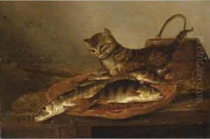 A Still Life With A Perch And A 
Pike On An Earthenware Dish, A Stick And A Wooden Bucket, Together With A
 Cat, All On A Wooden Table by Pieter de Putter