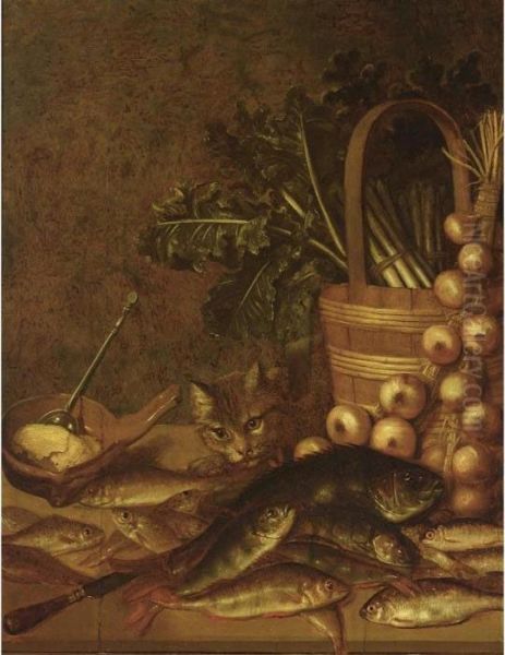 A Still Life With Fresh-water
Fish, A Basket With Asparagus, Onions, Lettuce, A Knife And A Bowl With
Butter And A Spoon, All On A Wooden Ledge Together With A Cat - view 1