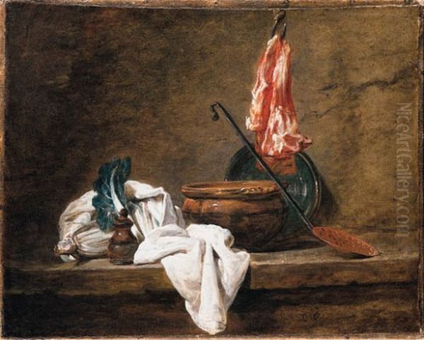 Leeks, a casserole with a cloth, a copper pot and cover, an onion and eggs with a pestle and mortar, on a stone ledge - view 1