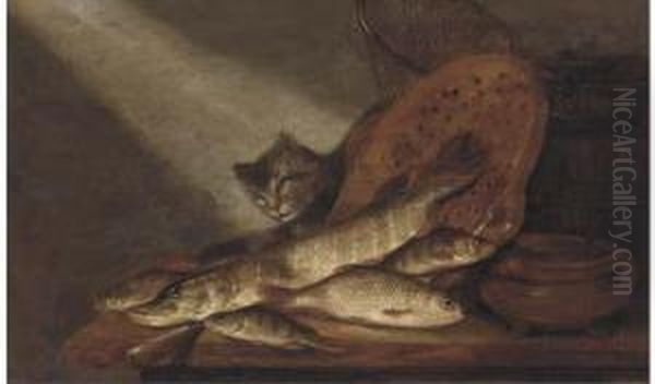 A Cat, Dead Fish, Earthenware Pots And A Fishing Net On Atable - view 1