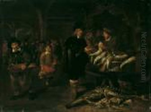 Beim Fischhandler. Ol Auf Holz
(parkettiert). H 50; B 67 Cm. Pieter De Putter War Auf Stilleben Mit
Fischen Spezialisiert. Die Von Ihm Dargestellten Fischbanke Und
Kuchenraume Staffierte Er Mit Genreartig Aufgefasten Fischverkaufern Und
Magden. - view 1