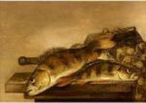 A Still Life Of Sea Breem, A Fishing Basket And Nets Together On A Wooden Table - view 1