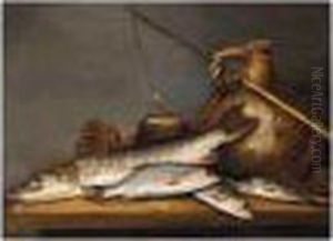 A Still Life With A Pike And A
Perch Together With A Stoneware Jug And A Fishing Line On A Table by Pieter de Putter
