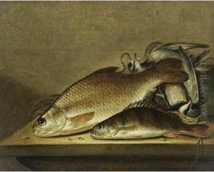 A Still Life With Fish And Birds On A Wooden Ledge by Pieter de Putter