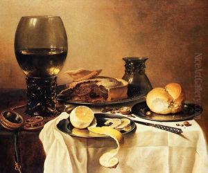 Breakfast Still Life With Roemer, Meat Pie, Lemon And Bread by Pieter Claesz.