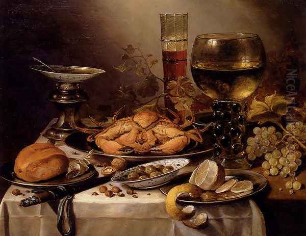 Banquet Still Life With A Crab On A Silver Platter, A Bunch Of Grapes, A Bowl Of Olives, And A Peeled Lemon All Resting On A Draped Table - view 1