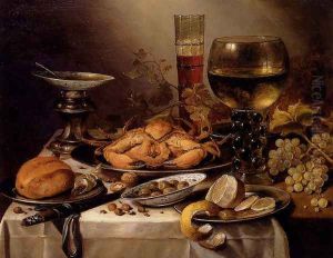 Banquet Still Life With A Crab On A Silver Platter, A Bunch Of Grapes, A Bowl Of Olives, And A Peeled Lemon All Resting On A Draped Table by Pieter Claesz.