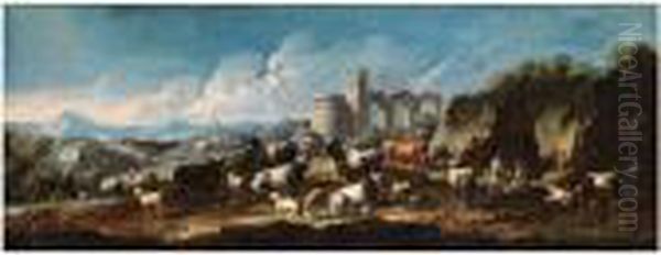 Hirten Mit Einer Rinderherde 
Unddazwischen Stehenden Schafen In Idealer Landschaft Vor Einerburgruine - view 1