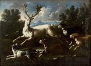 Paesaggio Con
Scena Di Caccia Con Un Cervo, Cani E Cacciatori Sullo 
Sfondo
