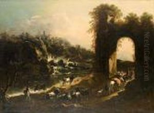 An Italianate Landscape With 
Drovers And Cattle On A Path Beneath A Ruined Arch, A Waterfall Beyond