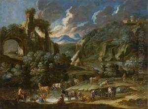 Paesaggio Fluviale Italiano Con Armenti E Rovine