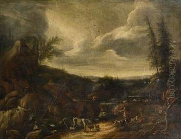 A Rocky River Landscape With Drovers And Their Flock Resting Beside A Waterfall - view 1