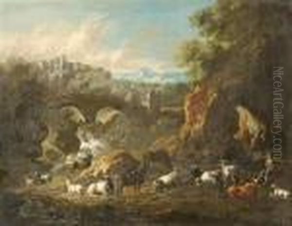 Mediterranean River Landscape With Herdsman And His Cattle. - view 1