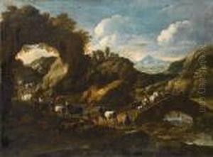 A Rocky River Landscape With A
Drover And Hisflock On A Country Path And Travellers Crossing A Bridge by Gaetano De Rosa