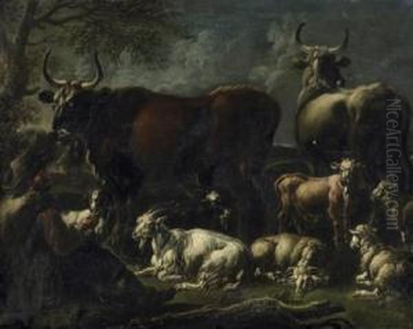 Shepherd With Goats, Sheep And Bullocks - view 1