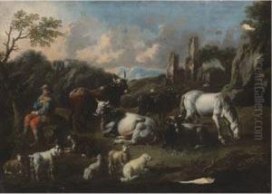 Italianate Landscape With A Herdsman Surrounded By His Cattle