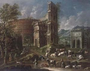 A Mountainous Landscape With 
Herdsmen And Travellers With A Capriccio Of The Colosseum And Other 
Ruins