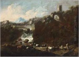 An Italianate Rocky River Landscape With A Waterfall And Cowherds With Their Herd