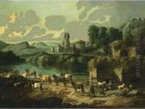 An Italianate River Landscape 
With Shepherds And Their Flock Resting, The Ruins Of A Town Beyond