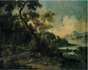 River Landscape With Shepherds And Their Flocks Resting Beside A Track