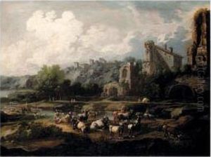 An Italian River Landscape With Drovers And Their Animals, A Town Beyond