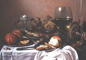 Still life with mackerel, pumpkin and bread by Pieter Claesz.