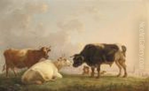 A Shepherd With His Cattle, A Village Beyond - view 1